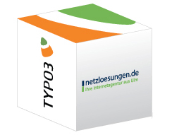 Grafik eines W&uuml;rfels mit den Logos von netzloesungen.de und Typo3